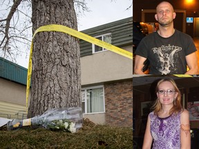 Clockwise from upper right: Allan Shyback in police custody, a family photo of Lisa Mitchell, and flowers outside Mitchell's duplex in the Ogden area of Calgary.