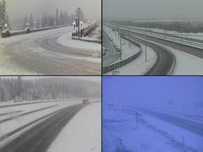 Traffic camera images of roads around the region. Clockwise from upper left: Banff, Calgary, Cochrane, Lake Louise.