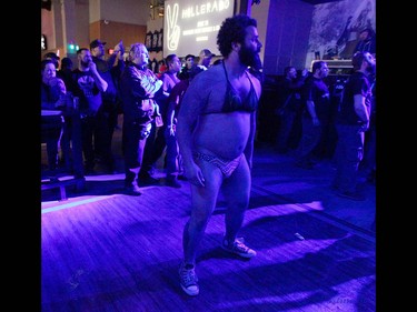 A scantily clad Juggalo watches the show on the dance floor during day two of the Insane Clown Posse Juggalo Weekend held at the Marquee Beer Market in Calgary, Alta on Saturday April 8, 2017. The two day festival, the first in Canada is headlined by ICP, and includes a number of other heavy metal, gangsta rap, DJs, wrestlers, and circus performers. Jim Wells//Postmedia