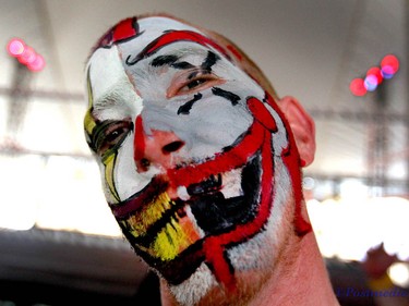 A Juggalo shows his colors and make up during day two of the Insane Clown Posse Juggalo Weekend held at the Marquee Beer Market in Calgary, Alta on Saturday April 8, 2017. The two day festival, the first in Canada is headlined by ICP, and includes a number of other heavy metal, gangsta rap, DJs, wrestlers, and circus performers. Jim Wells//Postmedia