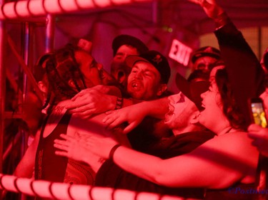 Mosh Pit Mike is hugged by fans after he won the four man battle during day two of the Insane Clown Posse Juggalo Weekend held at the Marquee Beer Market in Calgary, Alta on Saturday April 8, 2017. The two day festival, the first in Canada is headlined by ICP, and includes a number of other heavy metal, gangsta rap, DJs, wrestlers, and circus performers. Jim Wells//Postmedia