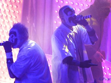 Insane Clown Posse takes the stage during day two of the Insane Clown Posse Juggalo Weekend held at the Marquee Beer Market in Calgary, Alta on Saturday April 8, 2017. The two day festival, the first in Canada is headlined by ICP, and includes a number of other heavy metal, gangsta rap, DJs, wrestlers, and circus performers. Jim Wells//Postmedia