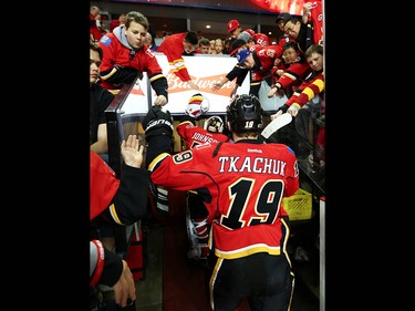 Calgary Flames Matthew Tkachuk leaves the ice after the pre-game skate before facing the Anaheim Ducks in the 2017 Stanley Cup playoffs in Calgary, Alta.  on Wednesday April, 19, 2017. AL CHAREST/POSTMEDIA