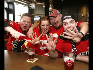 Calgary Flames fans are confident the Flames will win four in a row against the Ducks at Trolley 5 Restaurant and Brewery on the Red Mile on Wednesday April 19, 2017. DARREN MAKOWICHUK/Postmedia Network