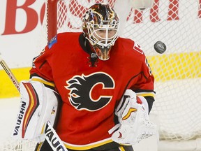 Calgary Flames goalie Chad Johnson in action March 15, 2017, against the Boston Bruins.