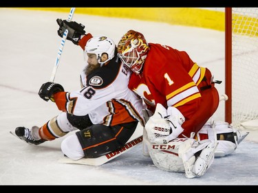 Patrick Eaves of the Anaheim Ducks falls in front of Calgary Flames goalie Brian Elliott during NHL action in Calgary, Alta., on Sunday, April 2, 2017. Lyle Aspinall/Postmedia Network