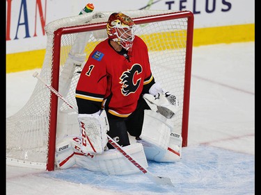 Calgary Flames goalie Brian Elliott reacts after giving up a goal to the Anaheim Ducks during the 2017 Stanley Cup playoffs in Calgary, Alta., on Wednesday, April 19, 2017. AL CHAREST/POSTMEDIA
