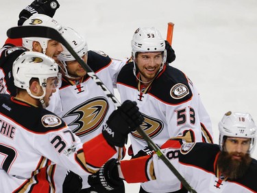 Anaheim Ducks Patrick Eaves celebrates with teammates after scoring against the Calgary Flames during the 2017 Stanley Cup playoffs in Calgary, Alta., on Wednesday, April 19, 2017. AL CHAREST/POSTMEDIA