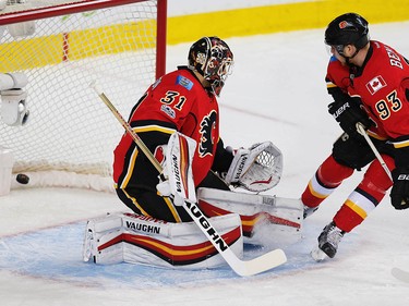 Calgary Flames goalie Chad Johnson reacts after giving up a goal to the Anaheim Ducks during the 2017 Stanley Cup playoffs in Calgary, Alta., on Wednesday, April 19, 2017. AL CHAREST/POSTMEDIA