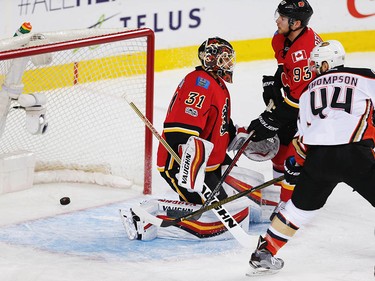 Anaheim Ducks Nate Thompson scores on Calgary Flames goalie Chad Johnson during the 2017 Stanley Cup playoffs in Calgary, Alta., on Wednesday, April 19, 2017. AL CHAREST/POSTMEDIA