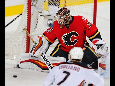 Calgary Flames Chad Johnson against the Anaheim Ducks during 2017 Stanley Cup playoffs in Calgary, Alta., on Wednesday, April 19, 2017. AL CHAREST/POSTMEDIA