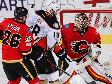 Calgary Flames Chad Johnson with a save against the Anaheim Ducks during 2017 Stanley Cup playoffs in Calgary, Alta., on Wednesday, April 19, 2017. AL CHAREST/POSTMEDIA