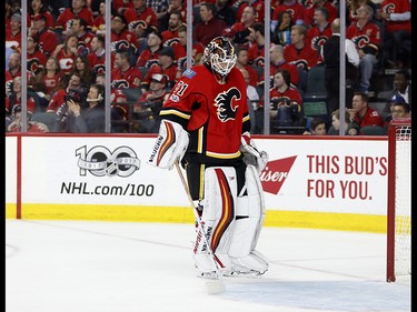 Calgary Flames goalie Chad Johnson reacts to giving up a gaol from the Anaheim Ducks in NHL playoff hockey action at the Scotiabank Saddledome in Calgary, Alta. on Wednesday April 19, 2017. Leah Hennel/Postmedia