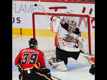 Anaheim Ducks John Gibson with a save against the Calgary Flames during the 2017 Stanley Cup playoffs in Calgary, Alta., on Wednesday, April 19, 2017. AL CHAREST/POSTMEDIA