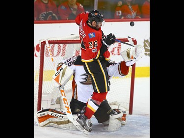 Flames Troy Brouwer deflects a puck in front of Ducks goalie John Gibson during NHL playoff game 4 action between the Calgary Flames and Anaheim Ducks in Calgary, Alta on Wednesday April 19, 2017. The Ducks won the series 4-0. Jim Wells/Postmedia