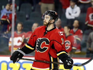 Calgary Flames TJ Brodie reacts to their loss against the Anaheim Ducks in NHL playoff hockey action at the Scotiabank Saddledome in Calgary, Alta. on Wednesday April 19, 2017. Leah Hennel/Postmedia
