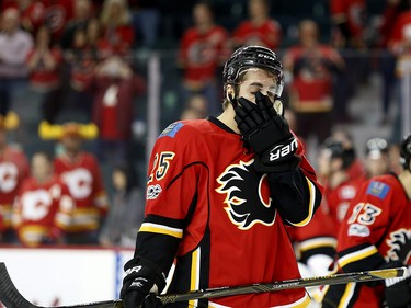 Calgary Flames Freddie Hamilton reacts to their loss against the Anaheim Ducks in NHL playoff hockey action at the Scotiabank Saddledome in Calgary, Alta. on Wednesday April 19, 2017. Leah Hennel/Postmedia