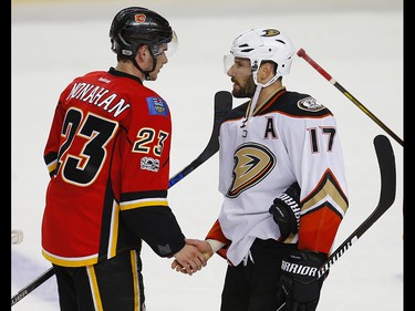 Calgary Flames Sean Monahan and Anaheim Ducks Ryan Kesler during the hand shake after game 4 of the 2017 Stanley Cup playoffs in Calgary, Alta., on Wednesday, April 19, 2017. AL CHAREST/POSTMEDIA