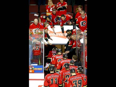 Flames fans greet the team as they leave the ice following  NHL playoff game 4 action between the Calgary Flames and Anaheim Ducks in Calgary, Alta on Wednesday April 19, 2017. The Ducks win the series 4-0. Jim Wells/Postmedia