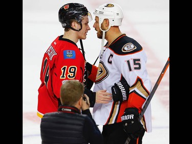 Calgary Flames Matthew Tkachuk and Anaheim Ducks Ryan Getzlaf during the hand shake after game 4 of the 2017 Stanley Cup playoffs in Calgary, Alta., on Wednesday, April 19, 2017. AL CHAREST/POSTMEDIA