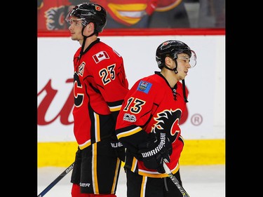 Calgary Flames Sean Monahan and Johnny Gaudreau after losing to the Anaheim Ducks in game 4 the of  2017 Stanley Cup playoffs in Calgary, Alta., on Wednesday, April 19, 2017. AL CHAREST/POSTMEDIA