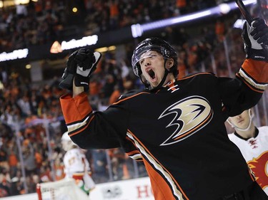 Anaheim Ducks' Rickard Rakell, of Sweden, celebrates his goal against the Calgary Flames during the second period in Game 1 of a first-round NHL hockey Stanley Cup playoff series Thursday, April 13, 2017, in Anaheim, Calif. (AP Photo/Jae C. Hong) ORG XMIT: CAJH113