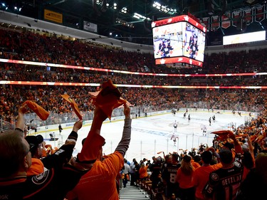 ANAHEIM, CA - APRIL 13:  Fans cheer before the game between the Calgary Flames and the Anaheim Ducks in Game One of the Western Conference First Round during the 2017 NHL Stanley Cup Playoffs at Honda Center on April 13, 2017 in Anaheim, California.  (Photo by Harry How/Getty Images)