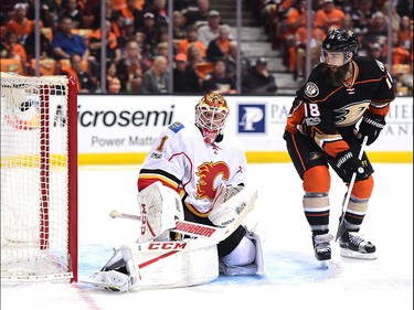 ANAHEIM, CA - APRIL 13:  Bill Elliott #1 of the Calgary Flames and Patrick Eaves #18 of the Anaheim Ducks react to a goal from Ryan Getzlaf #15 to take a 1-0 lead during the first period in Game One of the Western Conference First Round during the 2017 NHL Stanley Cup Playoffs at Honda Center on April 13, 2017 in Anaheim, California.  (Photo by Harry How/Getty Images)