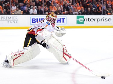ANAHEIM, CA - APRIL 13:  Brian Elliott #1 of the Calgary Flames plays the puck during the first period against the Anaheim Ducks in Game One of the Western Conference First Round during the 2017 NHL Stanley Cup Playoffs at Honda Center on April 13, 2017 in Anaheim, California.  (Photo by Harry How/Getty Images)