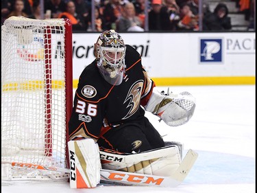 ANAHEIM, CA - APRIL 13:  John Gibson #36 of the Anaheim Ducks in goal against the Calgary Flames during the second period in Game One of the Western Conference First Round during the 2017 NHL Stanley Cup Playoffs at Honda Center on April 13, 2017 in Anaheim, California.  (Photo by Harry How/Getty Images)