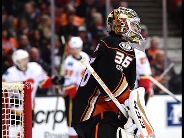 ANAHEIM, CA - APRIL 13:  John Gibson #36 of the Anaheim Ducks reacts after a goal from Sam Bennett #93 of the Calgary Flames to trail 2-1 during the second period in Game One of the Western Conference First Round during the 2017 NHL Stanley Cup Playoffs at Honda Center on April 13, 2017 in Anaheim, California.  (Photo by Harry How/Getty Images)