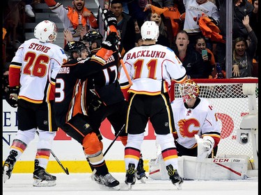 ANAHEIM, CA - APRIL 13:  Brian Elliott #1 of the Calgary Flames reacts to a goal from Jakob Silfverberg #33 of the Anaheim Ducks to take a 3-2 lead during the second period in Game One of the Western Conference First Round during the 2017 NHL Stanley Cup Playoffs at Honda Center on April 13, 2017 in Anaheim, California.  (Photo by Harry How/Getty Images)