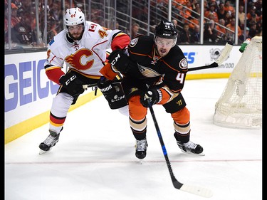 ANAHEIM, CA - APRIL 13:  Logan Shaw #48 of the Anaheim Ducks races after the puck with Matt Bartkowski #44 of the Calgary Flames during a 3-2 Ducks win in Game One of the Western Conference First Round during the 2017 NHL Stanley Cup Playoffs at Honda Center on April 13, 2017 in Anaheim, California.  (Photo by Harry How/Getty Images)