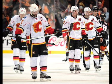 ANAHEIM, CA - APRIL 13:  Sean Monahan #23 and Troy Brouwer #36 leave the ice after a 3-2 loss to the Anaheim Ducks in Game One of the Western Conference First Round during the 2017 NHL Stanley Cup Playoffs at Honda Center on April 13, 2017 in Anaheim, California.  (Photo by Harry How/Getty Images)