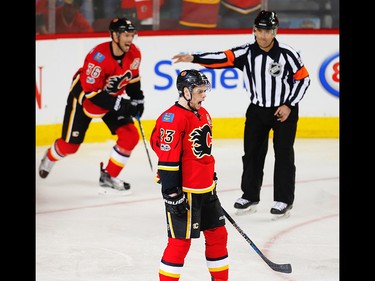 Calgary Flames Sean Monahan celebrates after scoring against the Anaheim Ducks during the 2017 Stanley Cup playoffs in Calgary, Alta., on Monday, April 17, 2017. AL CHAREST/POSTMEDIA