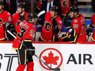 Calgary Flames Sean Monahan celebrates after scoring against the Anaheim Ducks during the 2017 Stanley Cup playoffs in Calgary, Alta., on Monday, April 17, 2017. AL CHAREST/POSTMEDIA