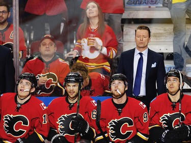 Calgary Flames bench during a break in play while facing the Anaheim Ducks in the 2017 Stanley Cup playoffs in Calgary, Alta. on Monday April, 17, 2017. AL CHAREST/POSTMEDIA