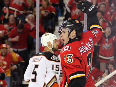 The Calgary Flames Sean Monahan celebrates scoring on Anaheim Ducks goaltender John Gibson during game 3 of their Stanley Cup playoff series at the Scotiabank Saddledome on Monday April 17, 2017. Gavin Young/Postmedia Network