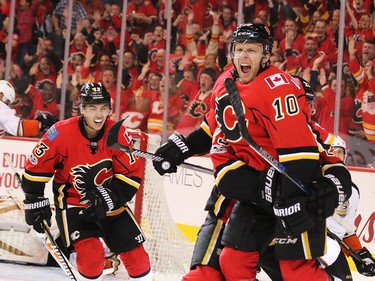 The Calgary Flames Kris Versteeg celebrates scoring on Anaheim Ducks goaltender John Gibson during game 3 of their Stanley Cup playoff series at the Scotiabank Saddledome on Monday April 17, 2017. Gavin Young/Postmedia Network