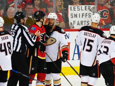 Calgary Flames Matthew Tkachuk and Kevin Bieksa of the Anaheim Ducks during 2017 Stanley Cup playoffs in Calgary, Alta., on Monday, April 17, 2017. AL CHAREST/POSTMEDIA