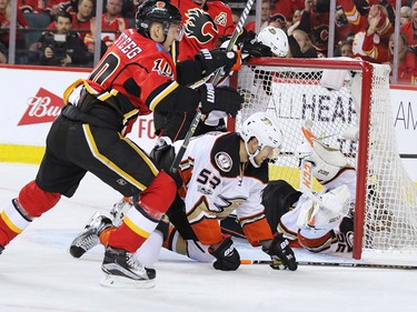 The Calgary Flames Kris Versteeg celebrates scoring on Anaheim Ducks goaltender John Gibson during game 3 of their Stanley Cup playoff series at the Scotiabank Saddledome on Monday April 17, 2017. Gavin Young/Postmedia Network