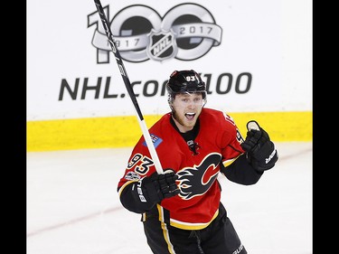 Calgary Flames Sam Bennett celebrates Mark Giordano's gaol in second period on the Anaheim Ducks during NHL playoff action at the Scotiabank Saddledome in Calgary, Alta. on Monday April 17, 2017.