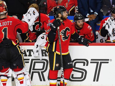 Calgary Flames bench during a break in play while facing the Anaheim Ducks in the 2017 Stanley Cup playoffs in Calgary, Alta. on Monday April, 17, 2017. AL CHAREST/POSTMEDIA