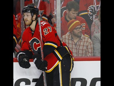 Calgary Flames Dougie Hamilton reacts after giving up a goal to the Anaheim Ducks during the 2017 Stanley Cup playoffs in Calgary, Alta., on Monday, April 17, 2017. AL CHAREST/POSTMEDIA