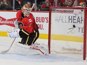 Calgary Flames goaltender Brian Elliott watches as this Anaheim Ducks shot gets past him during the second period of their Stanley Cup playoff series at the Scotiabank Saddledome on Monday April 17, 2017. The Ducks won in overtime 5-4.
