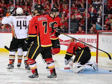 The Anaheim Ducks celebrate Corey Perry's winning goal to down the Calgary 5-4 in overtime taking game 3 in their Stanley Cup playoff series at the Scotiabank Saddledome on Monday April 17, 2017. Gavin Young/Postmedia Network