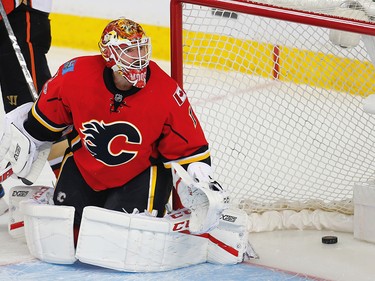 Calgary Flames goalie Brian Elliott reacts after giving up a goal to the Anaheim Ducks during the 2017 Stanley Cup playoffs in Calgary, Alta., on Monday, April 17, 2017. AL CHAREST/POSTMEDIA