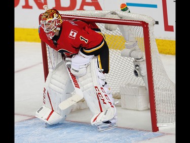 Calgary Flames goalie Brian Elliott reacts after giving up a goal to the Anaheim Ducks during the 2017 Stanley Cup playoffs in Calgary, Alta., on Monday, April 17, 2017. AL CHAREST/POSTMEDIA