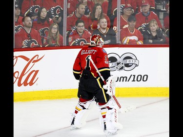 Calgary Flames goalie Brian Elliott reacts to a goal on net from Anaheim Ducks during NHL playoff action at the Scotiabank Saddledome in Calgary, Alta. on Monday April 17, 2017. Leah Hennel/Postmedia