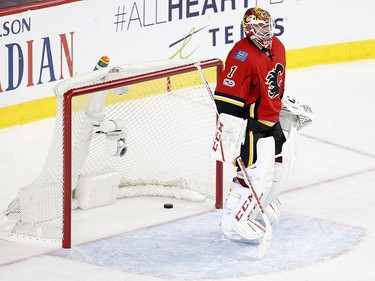 Calgary Flames goalie Brian Elliott reacts after giving up a goal to the Anaheim Ducks during NHL playoff action at the Scotiabank Saddledome in Calgary, Alta. on Monday April 17, 2017. Leah Hennel/Postmedia